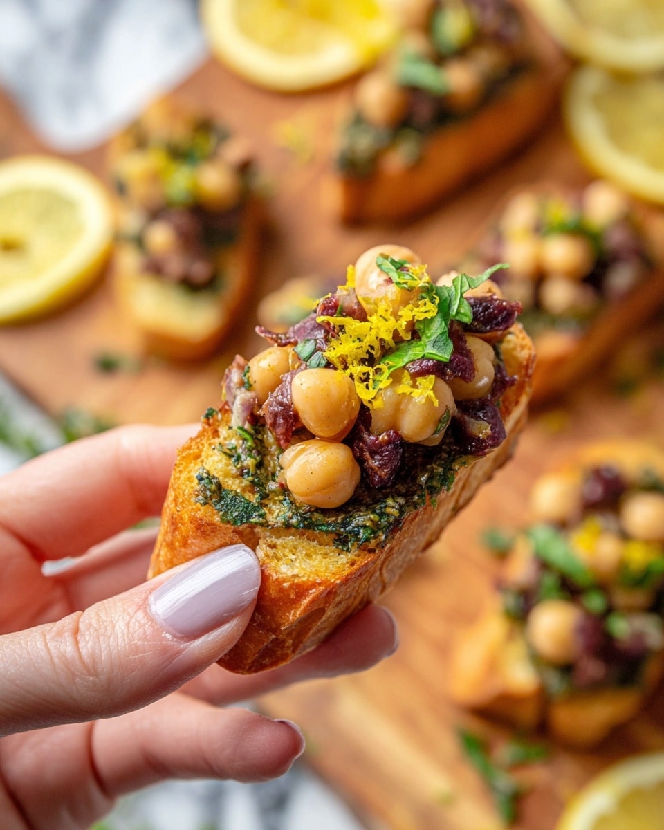 A close-up view of a piece of toasted bread held by a woman's hand shows three main layers: the bottom golden-brown crispy toast, a thick layer of green herb sauce with a slightly chunky texture, and a topping of whole light tan chickpeas mixed with small dark purple olive bits scattered on top. There is a small garnish of fresh green herbs and some tiny yellow zest pieces placed in the center on top. In the background, more pieces of the same toast are arranged out of focus on a wooden surface with a white marbled texture and lemon slices nearby. photo taken with an iphone --ar 4:5 --v 7