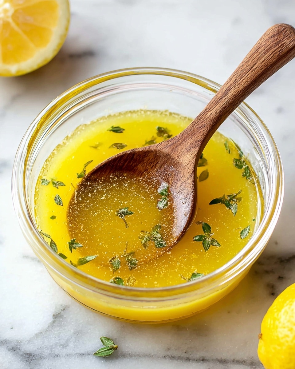 A clear glass bowl filled with a bright yellow liquid, likely lemon dressing or sauce, with small green herb leaves floating on top. A wooden spoon with a smooth texture rests inside the bowl, its handle pointing to the right. The bowl is placed on a white marbled surface, with a lemon half visible in the top left corner and a whole lemon in the bottom right corner. The lighting highlights the glossy surface of the liquid and the natural grain of the wooden spoon. photo taken with an iphone --ar 4:5 --v 7