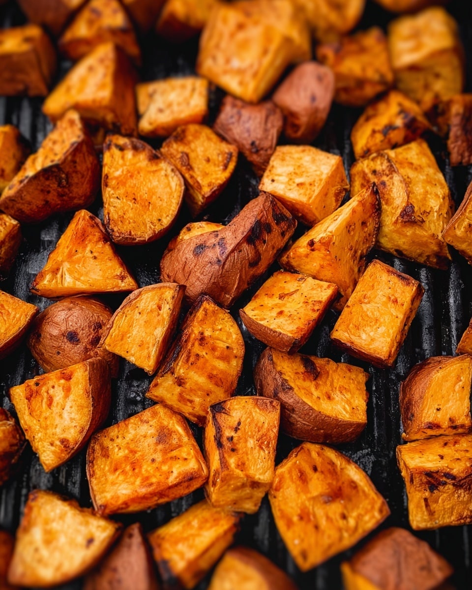 A close-up view of many pieces of roasted sweet potatoes with their skin on, showing a mix of golden orange and lightly browned colors with some darker charred spots. The sweet potato chunks vary in size and shape, placed closely together on a black grill surface that has parallel gaps. The texture of the sweet potatoes looks crisp on the outside but tender inside, with some pieces having slightly wrinkled skin. photo taken with an iphone --ar 4:5 --v 7