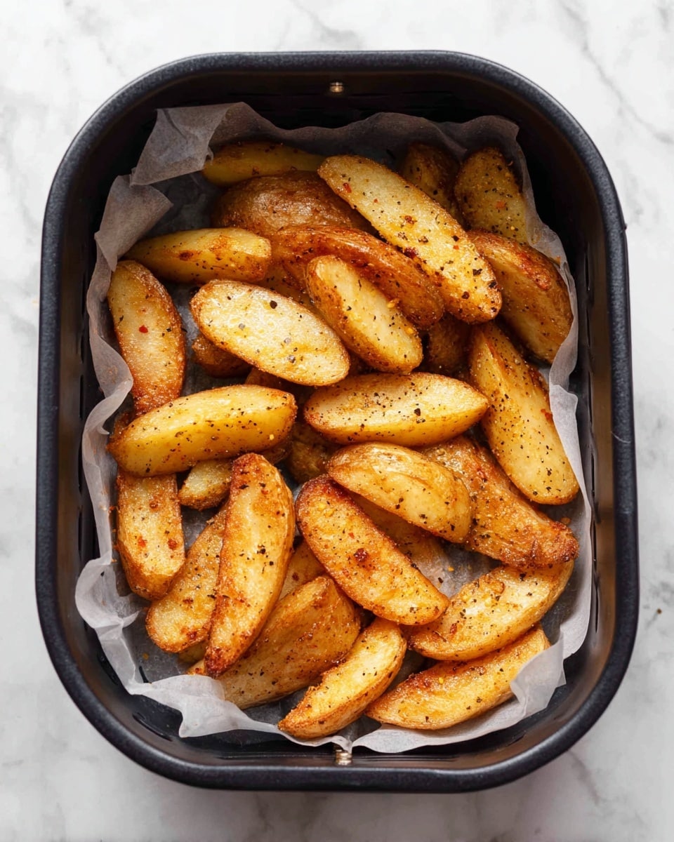The image shows a black air fryer basket lined with white parchment paper, filled with golden-brown potato wedges. Each wedge has a light crispy coating with specks of black pepper and spices, and the potatoes are unevenly placed, showing a variety of curved shapes and sizes. The background is a white marbled texture. Photo taken with an iphone --ar 4:5 --v 7