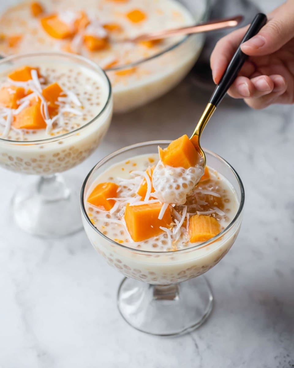 The image shows two clear glass dessert bowls filled with a light creamy liquid containing small translucent tapioca pearls as the first layer. Floating in the liquid are several orange cubes of sweet potato and thin strands of white coconut flesh, all evenly spread throughout. A woman's hand is holding a black and gold spoon scooping some of the dessert, capturing chunks of orange sweet potato, white tapioca pearls, and shredded coconut. In the background, there is a large clear glass bowl filled with the same dessert, placed on a white marbled surface. Photo taken with an iphone --ar 4:5 --v 7