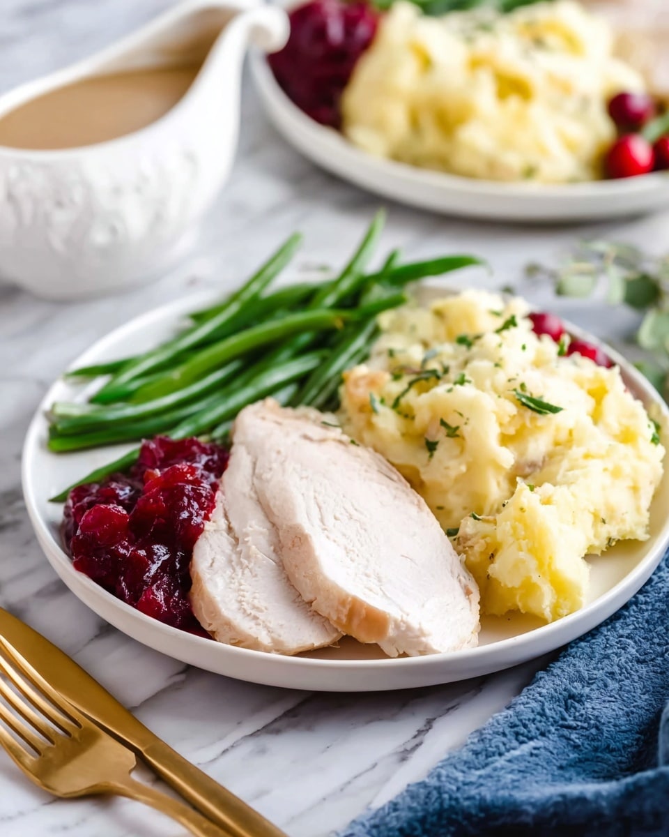 A white plate holds three main layers: two slices of light beige cooked turkey placed at the bottom left, a bright green stack of steamed green beans arranged diagonally above the turkey, and a fluffy, yellow mound of mashed potatoes with bits of green herbs on top, positioned to the right of the green beans. Next to the mashed potatoes, there is a small serving of glossy red cranberry sauce. In the background, a white gravy boat filled with light brown gravy sits to the left, and another plate with similar food items is blurred behind. The scene is set on a white marbled surface with a pair of gold forks and a blue cloth napkin in the foreground. photo taken with an iphone --ar 4:5 --v 7