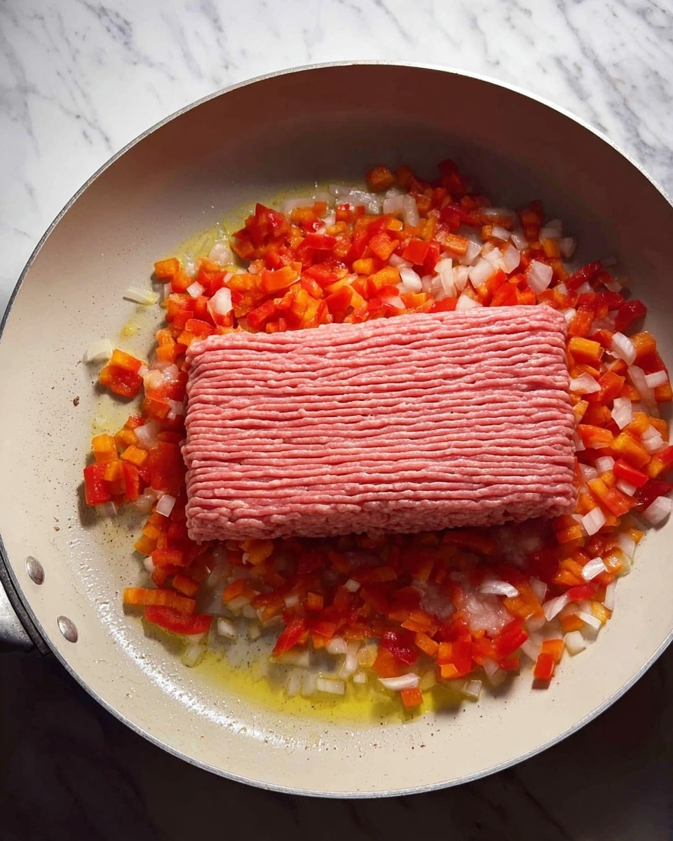 In a white pan on a stove, there is a layer of small chopped red bell peppers and white onions sautéing in oil around the edges. In the center, there is a rectangular block of raw ground pink meat, with neat lines running parallel across it, showing the meat's texture. The pan has a smooth, light-colored inside surface. The background has a white marbled texture. Photo taken with an iphone --ar 4:5 --v 7