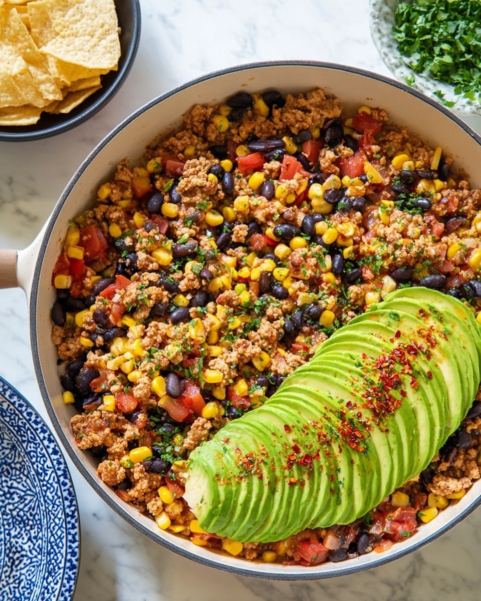 A white pan filled with a colorful mix of cooked ground meat, bright yellow corn kernels, black beans, and small red tomato pieces, all mixed well and sprinkled with finely chopped green herbs. On the right side of the pan, a sliced green avocado is neatly fanned out with a light topping of red chili flakes and herbs. The pan sits on a white marbled surface with a small part of a blue and white patterned plate visible below. In the top left corner, a black bowl holds round, light-colored chips, next to some fresh green herbs. Photo taken with an iphone --ar 4:5 --v 7