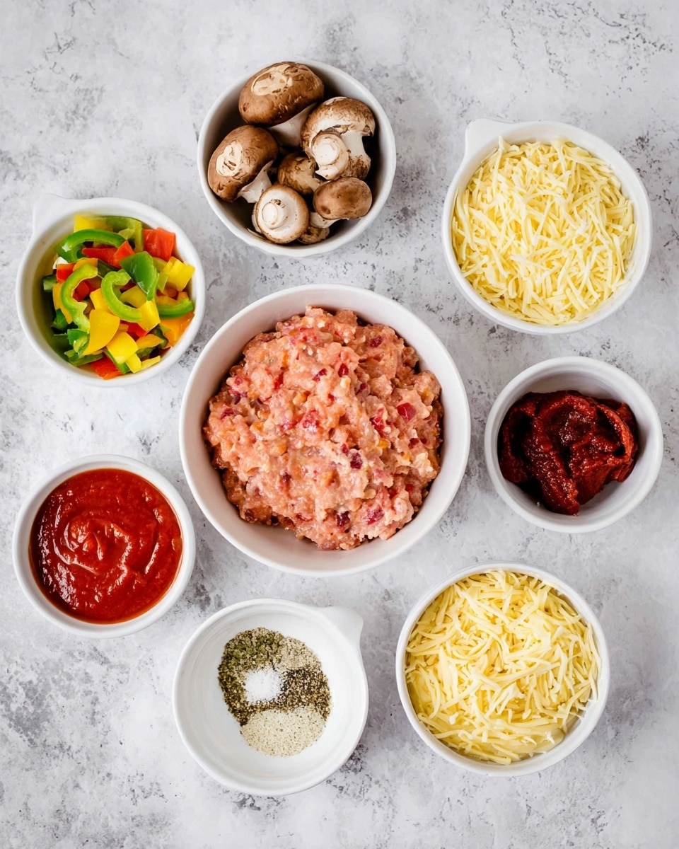 The image shows eight white bowls and one small white dish arranged on a white marbled surface. In the center, a large bowl contains pale pink ground meat mixed with bits of red. Around it are smaller bowls: one with whole brown mushrooms, one with chopped green and yellow bell peppers, one filled with red tomato sauce, and another with dark red pepper slices. There are two bowls with shredded cheese, one with light yellow and creamy white cheese, and the other with a mix of yellow and white shredded cheese. The small white dish holds a mix of spices with white, green, and beige colors. photo taken with an iphone --ar 4:5 --v 7