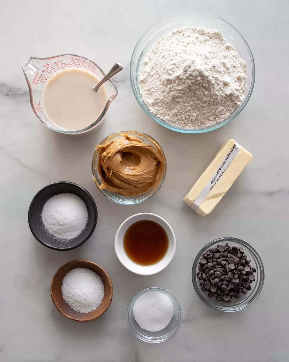 The image shows eight small bowls and containers arranged on a white marbled surface. At the top center is a glass bowl filled with white flour. To the left, a glass measuring cup holds a light cream liquid. To the right, a glass bowl has smooth peanut butter with a spoon inside. Below the flour bowl in the center, a small white bowl contains a brown liquid, likely vanilla. To the bottom left is a small black bowl with white powder, possibly baking soda or baking powder. Next to it, a small wooden bowl holds salt. A stick of butter wrapped in paper sits near the center right. At the bottom right, a small clear glass bowl has white granulated sugar. Near the very bottom is another clear glass bowl filled with small dark chocolate chips. The items are spaced evenly, and the colors range from white and beige to brown and dark brown. Photo taken with an iphone --ar 4:5 --v 7