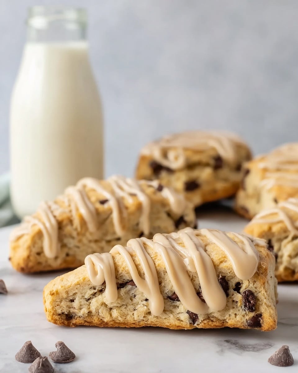 This image shows several triangular chocolate chip scones with a light golden brown color and visible chocolate chips inside. Each scone has a thick, creamy light tan drizzle of icing swirled on top. The scones rest on a white marbled surface, with a blurred glass bottle of milk in the background. The texture of the scones looks crumbly and soft. photo taken with an iphone --ar 4:5 --v 7
