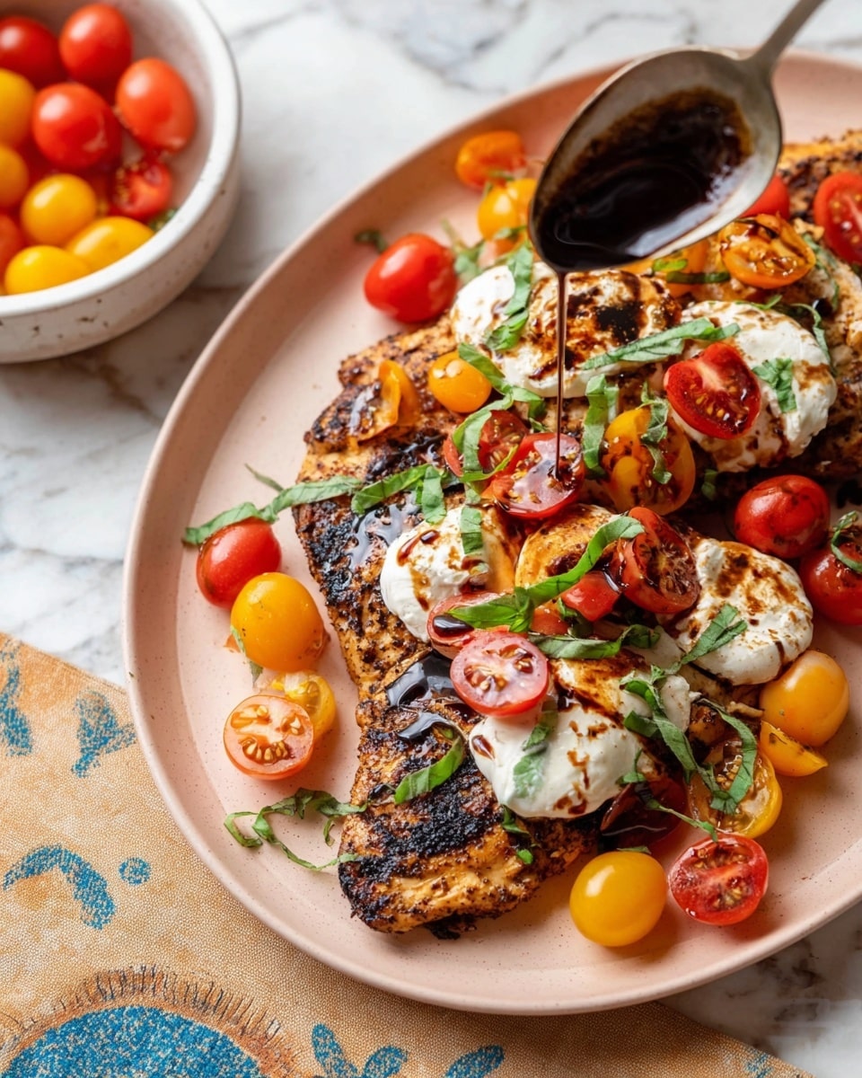 The dish shows two pieces of grilled chicken with a dark, charred pattern on a light pink plate. On top of the chicken are dollops of white creamy cheese, then halved bright red and yellow cherry tomatoes scattered all over. Thin strips of green basil leaves are sprinkled on top of the tomatoes and cheese. A spoon is pouring a shiny dark balsamic glaze over the dish. The plate is placed on a white marbled surface with a beige and blue patterned cloth underneath at the bottom left corner. There is a white bowl with whole red and yellow tomatoes in the upper left corner. Photo taken with an iphone --ar 4:5 --v 7