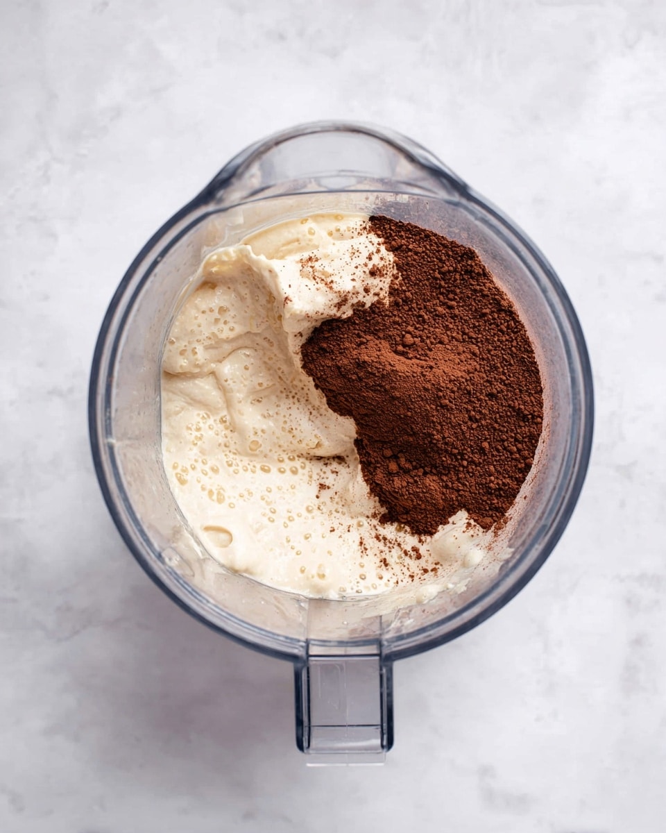 The image shows a blender viewed from above, placed on a white marbled surface. Inside the blender are two main layers: a thick, creamy, off-white mixture with soft, bubbly texture at the bottom and a layer of loose, fine cocoa powder that is dark brown on top, mostly covering one side of the creamy base. The clear blender container has a handle at the top, visible in the frame. Photo taken with an iphone --ar 4:5 --v 7