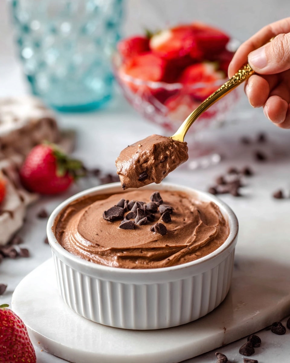 A white round dish holds a thick, creamy chocolate mousse with a smooth, rich brown color and a few small dark chocolate pieces scattered on top. A woman's hand is seen holding a small gold spoon with a decorative handle, lifting some mousse from the dish. In the blurry background, there is a clear glass bowl filled with red strawberry halves and a textured light blue glass with a raised pattern. The setting is on a white marbled textured surface with dark chocolate chips scattered around. photo taken with an iphone --ar 4:5 --v 7
