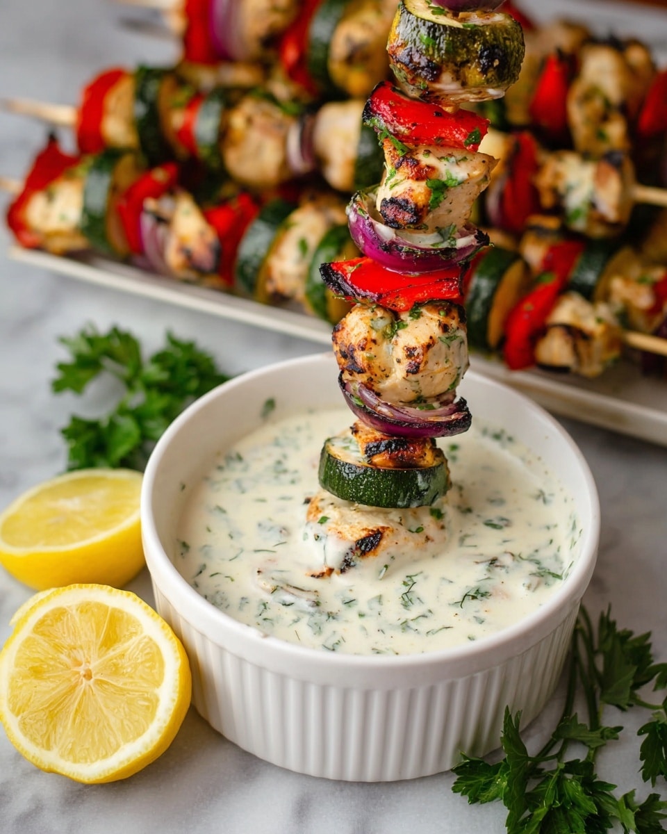 The image shows a white bowl filled with thick, creamy white sauce with green herbs swirling inside. A skewer stands vertically in the bowl, pierced by grilled pieces of light brown chicken, red bell pepper, dark purple onion, and green zucchini, arranged in repeating layers. The chicken looks lightly charred with grill marks, and the vegetables have a grilled texture as well. To the left, two lemon wedges rest on a white marbled surface next to the bowl, and fresh green parsley is on the right side. In the background, a white plate holds more skewers with the same layered mix of chicken and vegetables. Photo taken with an iphone --ar 4:5 --v 7