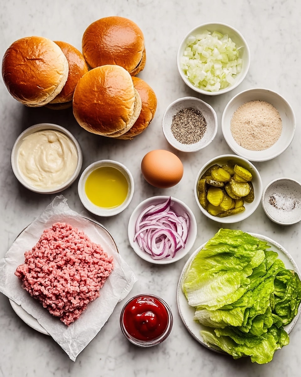 The image shows ingredients for making burgers laid out on a white marbled surface. There are five shiny golden brown burger buns stacked on the left side in two groups. Next to them, there are small white bowls containing finely chopped onions, a creamy white sauce, and golden yellow oil. There are also bowls with light beige powders, minced garlic, black pepper, and white salt. A brown egg is placed near the center. In the middle, raw pink ground meat is on a piece of white parchment paper. To the right, there is a white plate with green leafy lettuce, another white plate with sliced light green pickles and thin purple onion rings, and a small bowl with bright red ketchup. Photo taken with an iphone --ar 4:5 --v 7