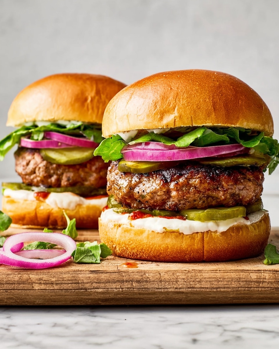 Two thick burgers are shown on a wooden board placed on a white marble surface. Each burger has a shiny light brown top bun with a smooth texture. Below the buns, there are green leafy lettuce leaves, followed by thin slices of purple onion and green pickles. Next, a large, well-cooked, brown meat patty sits thick and juicy in the middle. Below the patties, a layer of creamy white sauce mixed with a little red sauce is spread on the soft light brown bottom buns. Some green lettuce leaves and onion rings are scattered around the board. The photo taken with an iphone --ar 4:5 --v 7