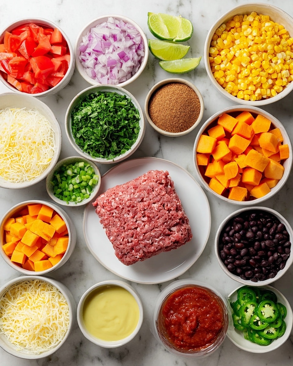The image shows a top view of various ingredients neatly arranged in small white bowls and plates on a white marbled surface. In the center, there is a square chunk of raw ground meat on a white plate. Surrounding it clockwise are bowls filled with finely chopped green herbs, bright red diced tomatoes, yellow corn kernels, black beans, cubed orange sweet potatoes, a powdery brown spice mix, shredded light yellow cheese, chunky bright red tomato sauce, diced light and dark green zucchini, sliced green onions, finely minced light yellow garlic, finely chopped purple onions, and a creamy yellow sauce. Small lime wedges and sliced green chili peppers are also visible on the surface. The composition is clean and colorful, highlighting fresh ingredients. photo taken with an iphone --ar 4:5 --v 7