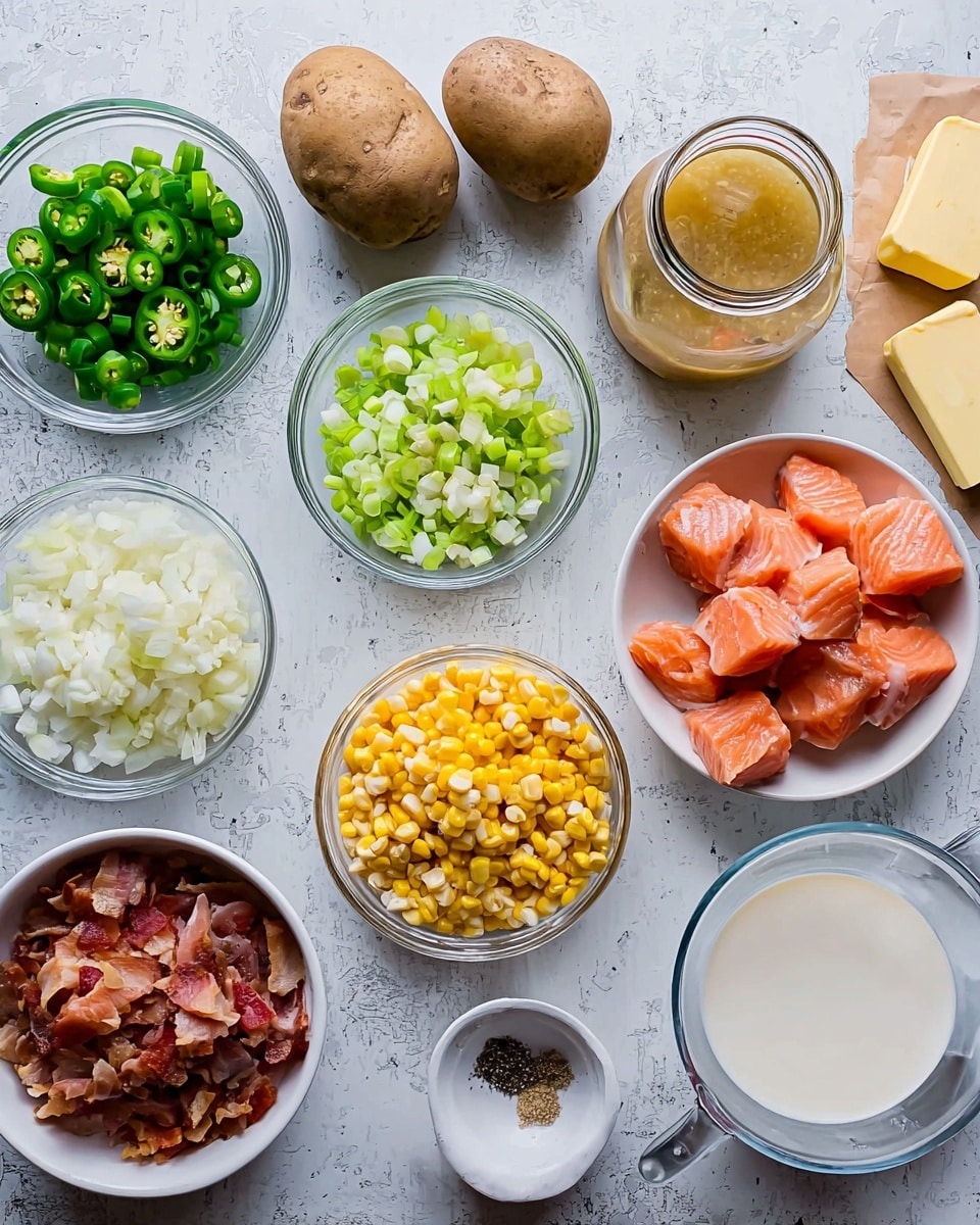 The image shows several small clear glass bowls and white bowls arranged on a white marbled surface, each holding different cooking ingredients. There are two whole brown potatoes near the top center. From left to right, the bowls contain bright green sliced jalapeños, diced white onions, chopped green celery, chopped green onions, frozen yellow corn, and a yellowish-brown broth in a glass jar. There is a stick of yellow butter on brown paper near the top right. A white bowl holds thick pieces of bright pink salmon in the middle, and another white bowl holds chunks of cooked bacon on the left. Next to the bacon is a small white bowl with minced garlic. At the bottom right, there is a glass measuring cup filled with white cream and a small white bowl containing half black pepper and half white salt. The photo taken with an iphone --ar 4:5 --v 7