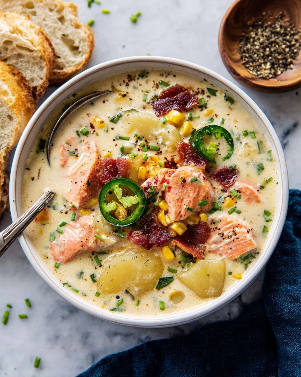 A white bowl filled with creamy soup containing several layers: soft pink chunks of cooked salmon, yellow corn kernels, and light beige potato slices mixed in a thick, pale cream broth. Thin green jalapeño slices float on top along with small pieces of crispy brown bacon and finely chopped fresh green chives sprinkled evenly. A silver spoon rests inside the bowl on the left side. In the background, there are slices of torn bread with a light crust leaning to the side, on a white marbled surface, with a small wooden bowl filled with black pepper to the right. A dark blue cloth napkin is partially visible at the bottom. Photo taken with an iphone --ar 4:5 --v 7