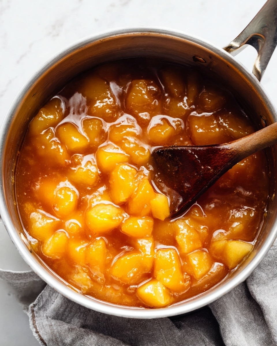 A close-up view of a shiny silver pot filled with chunky golden-orange fruit pieces simmering in a glossy syrupy sauce, with a dark wooden spoon partially submerged on the right side, stirring the mixture; the pot is resting on a gray and white cloth on a white marbled surface. photo taken with an iphone --ar 4:5 --v 7