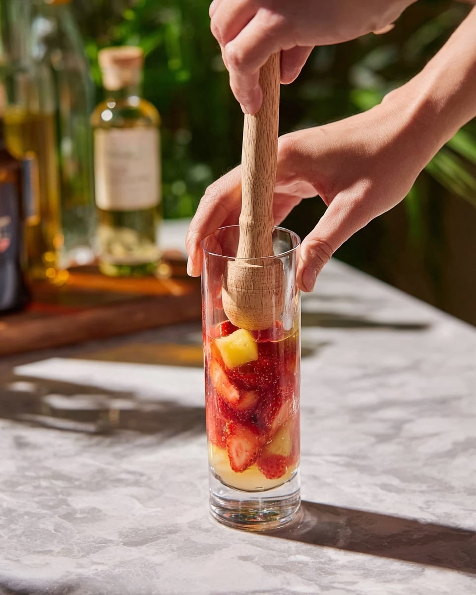 A tall clear glass holds different fruit pieces in layers, including red strawberries at the bottom, yellow chunks in the middle, and a light orange fruit on top. A wooden muddler is pressed down into the fruit, held by a woman's hand at the top, while another woman's hand steadies the glass from the side. The glass is placed on a white marbled surface, with blurred bottles and green leaves in the soft background. The light is natural and bright, highlighting the juicy texture of the fruit inside the glass. photo taken with an iphone --ar 4:5 --v 7