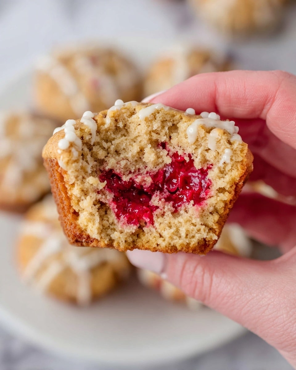 A woman's hand is holding a half-eaten muffin with two layers: the top layer is light brown and spongy with a slightly crumbly texture, while the bottom layer contains a bright red, juicy fruit filling that looks soft and moist. Small white sugar crystals are sprinkled on the top edge of the muffin, adding a crunchy detail. The background shows a white plate and more muffins, all placed on a white marbled surface. photo taken with an iphone --ar 4:5 --v 7