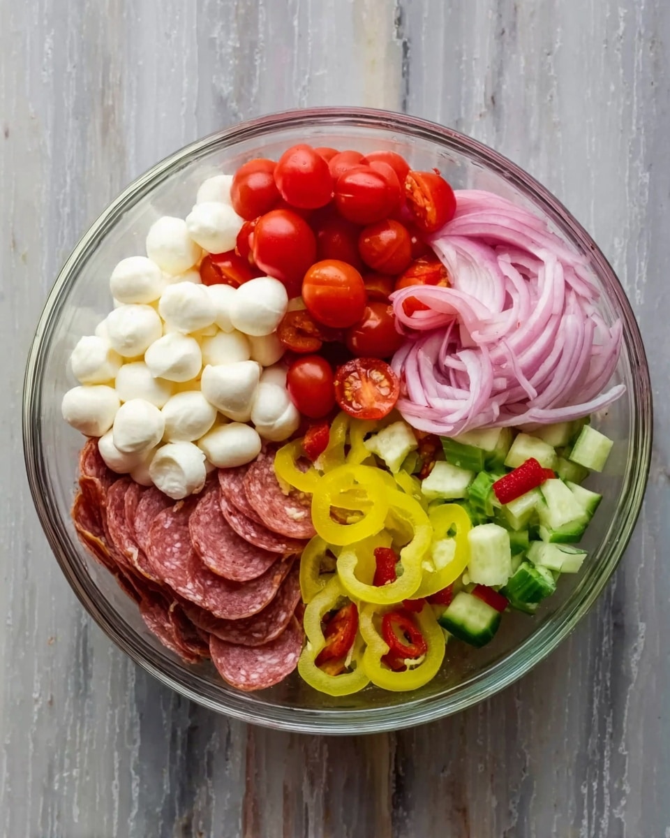 A clear glass bowl sits on a white marbled surface, filled with six different sections of food arranged neatly next to each other. Starting at the top left, there are small white mozzarella balls, moving right to bright red halved cherry tomatoes. Below the tomatoes are thinly sliced pink pickled onions. On the bottom right, small green cucumber pieces are placed, and next to them on the bottom center, thin strips of reddish-brown salami are layered. Lastly, on the bottom left, there are yellow pepper rings and a few small red pepper pieces. The colors and textures are fresh and vibrant, creating a visually balanced dish. photo taken with an iphone --ar 4:5 --v 7