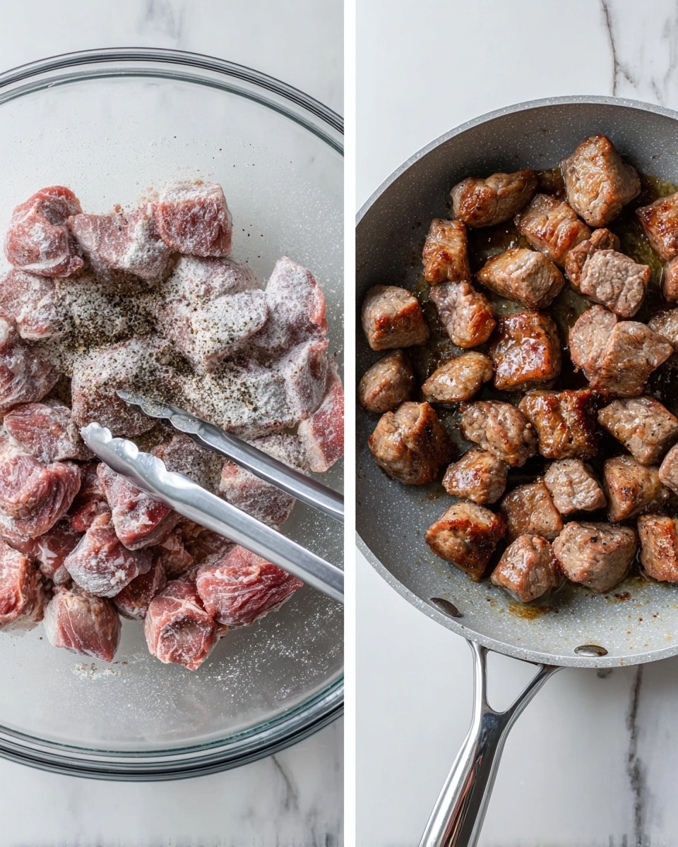 The image shows two side-by-side views of meat pieces at different stages of cooking. On the left, raw meat chunks are inside a clear glass bowl, coated with white flour and black pepper, with silver tongs gripping the meat from above. The meat is pinkish-red with a powdery white texture from the flour. On the right, the same meat chunks are browned and cooked in a gray frying pan with a shiny silver handle, arranged evenly and showing a caramelized brown color on each piece. Both images are set on a white marbled surface. Photo taken with an iphone --ar 4:5 --v 7