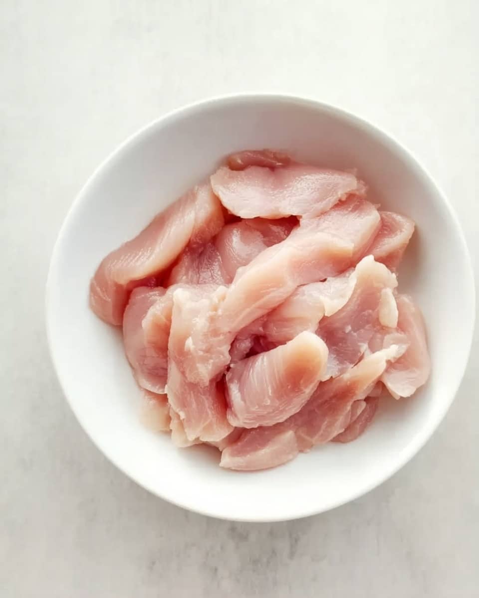 In a white bowl filled with raw, light pink chicken strips, the chicken pieces are piled softly with smooth, slightly shiny textures, showing the natural fat lines and gentle curves of the meat. The bowl sits on a white marbled surface that adds a clean and bright background to the image. photo taken with an iphone --ar 4:5 --v 7