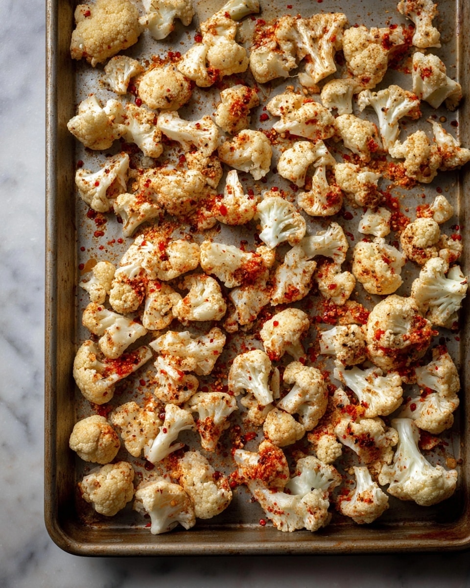 A large metal baking tray filled with many small white cauliflower florets scattered all over, each piece sprinkled unevenly with bright red and dark brown spices. The tray sits on a white marbled surface, and the florets show different shapes and sizes with textured, bumpy tops and smooth stems, some covered more with spice than others. The lighting highlights the natural cream color of the cauliflower mixed with the warm reds and browns of the seasoning photo taken with an iphone --ar 4:5 --v 7