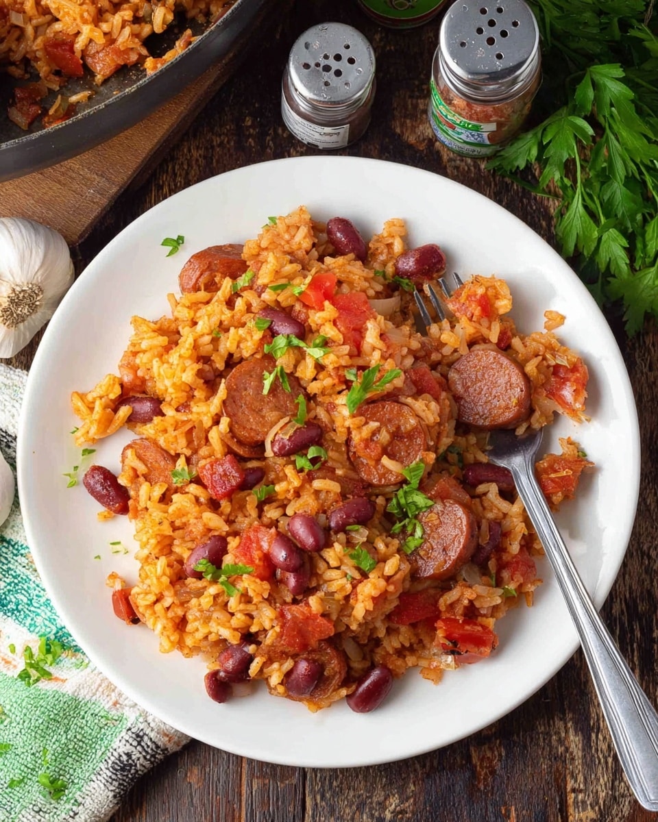 A white plate holds a serving of colorful rice mixed with red kidney beans, sliced brown sausage pieces, and small chunks of red tomatoes, scattered evenly throughout the dish. The rice is orange-tinted, showing a cooked tomato or spice base, with bits of translucent onion dotted around. Chopped green herbs sprinkle lightly on top, adding a fresh pop of color. A silver fork rests on the plate’s edge, partially on the food. The plate sits on a dark wooden table, with two seasoning containers, a whole garlic bulb, and fresh green herbs nearby. The photo taken with an iphone --ar 4:5 --v 7