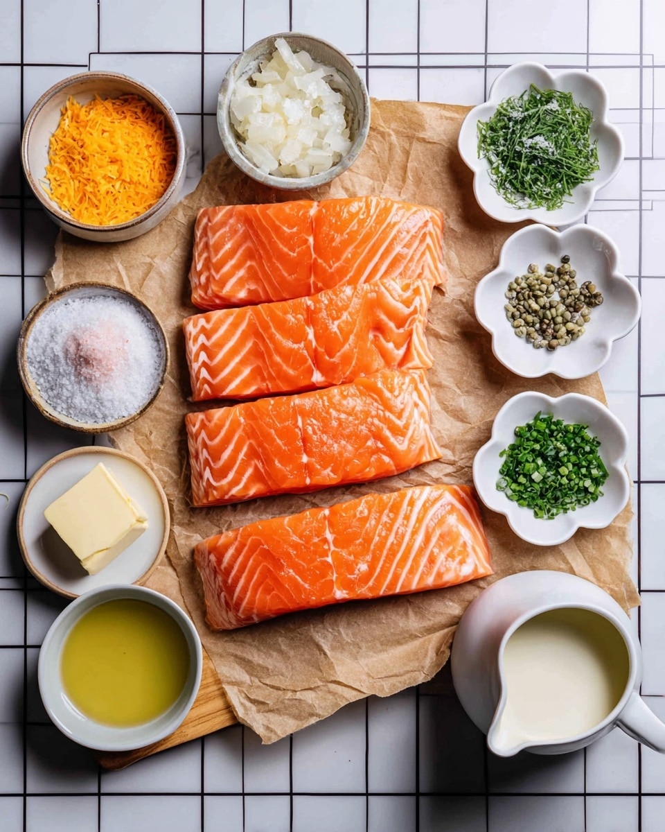 The image shows four raw salmon fillets with a bright orange color and white lines, placed side by side on brown parchment paper on a wooden board. Around the salmon, there are small white bowls shaped like flowers, each containing different ingredients: chopped green herbs on the top right, white flour next to it, and orange zest above the salmon on the left. Below the salmon, there are other white bowls holding a light yellow liquid, capers, chopped shallots, and pale powders, plus a stick of butter on a small white plate to the left. On the far right, there is a white pitcher filled with a creamy white sauce, and in the bottom right corner, there is a white jug with a green liquid. Everything sits on a white marbled surface with a grid pattern. photo taken with an iphone --ar 4:5 --v 7