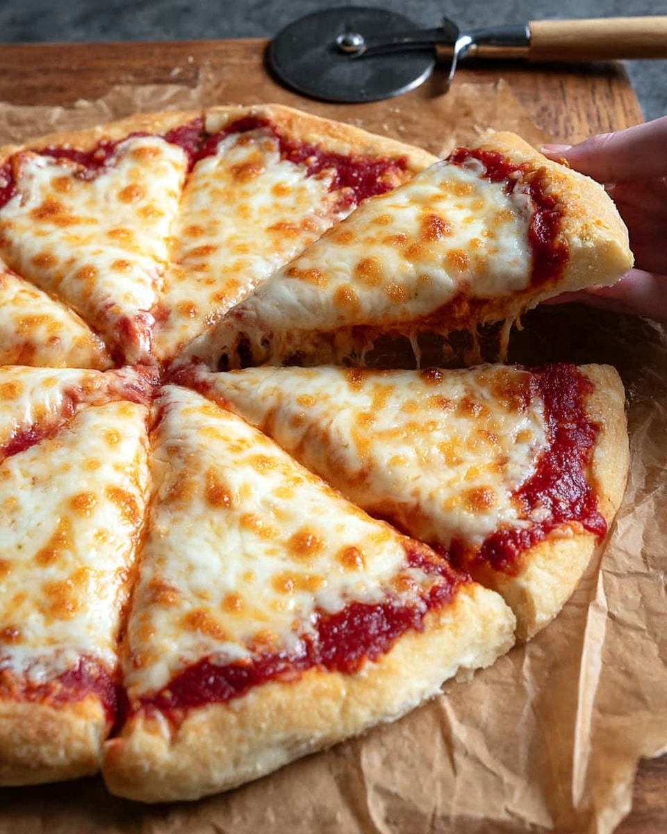 A close-up of a cheese pizza with six slices on brown parchment paper. The pizza has one thick crust layer that is golden brown with a soft texture. On top of the crust is a bright red tomato sauce layer, evenly spread but visible only near the edges. Above the sauce is a thick layer of melted white cheese that has golden brown spots and stretches slightly as one slice is lifted by a woman's hand from the right side. The pizza is resting on a wooden surface with a pizza cutter in the background. photo taken with an iphone --ar 4:5 --v 7
