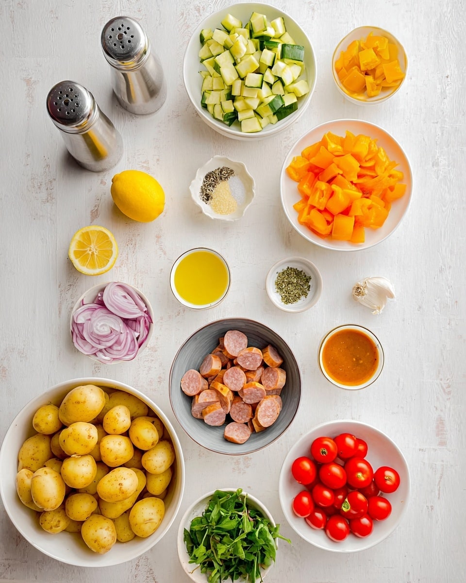 The image shows several white bowls and small dishes arranged on a white marbled textured surface. There is a large white bowl filled with small yellow potatoes at the bottom left, and to its right, a small lemon and two small white dishes containing garlic cloves and dried herbs. Above the potatoes are two medium white bowls with chopped light green zucchini pieces on the left and orange bell pepper pieces on the right. At the center, there is a grey bowl with sliced sausage pieces. Surrounding these are smaller white bowls with red onion slices, more orange bell pepper pieces, a light brown sauce, fresh red cherry tomatoes still on the vine, fresh green leafy herbs, and a small yellow liquid in a white dish. A metal salt and pepper shaker set is placed to the left side. Photo taken with an iphone --ar 4:5 --v 7