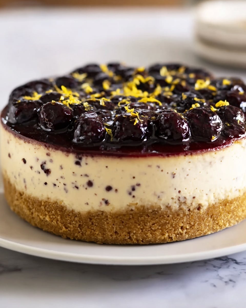 A round cheesecake with three layers sits on a white plate on a white marbled surface. The bottom layer is a thick, crumbly, golden brown crust. The middle layer is smooth and creamy with a pale off-white color and small dark specks mixed in. The top layer is a glossy, dark berry sauce with whole berries spread evenly across the surface, sprinkled with small pieces of bright yellow zest. The edges of the cheesecake show slight blending between the creamy middle layer and the crust. Photo taken with an iphone --ar 4:5 --v 7