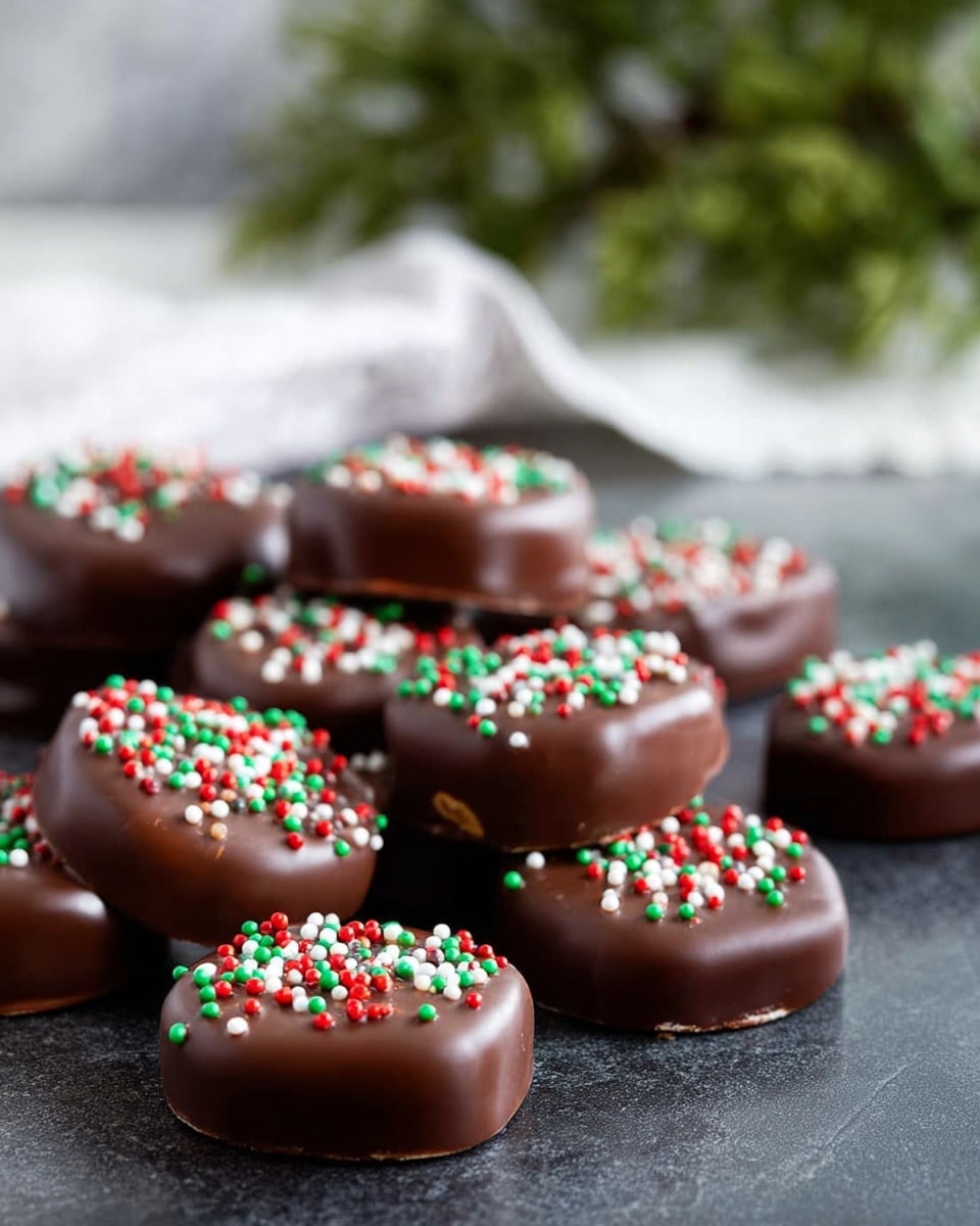 The image shows round and rectangular chocolate pieces covered in smooth dark chocolate, each topped with red, white, and green small round sprinkles. The chocolate pieces are arranged loosely on a dark surface with a blurred green plant in the background and a white cloth in the far back, all set against a white marbled texture. The chocolate has a shiny look with soft edges, and the sprinkles add a festive touch, making the treats look rich and inviting. Photo taken with an iphone --ar 4:5 --v 7