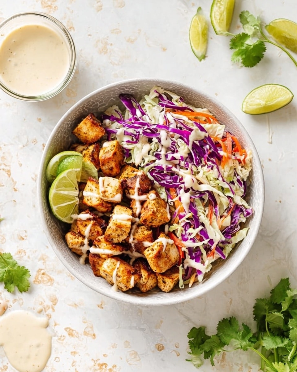 A round white bowl filled with two main layers: on the right side, small golden brown seasoned cubes of grilled chicken stacked in a neat pile with light sauce drizzled on top; on the left side, a colorful mix of shredded purple and white cabbage, thin carrot strips, and fresh green cilantro leaves creating a vibrant salad. A green lime wedge rests near the cabbage. The bowl sits on a white marbled surface with some cilantro sprigs and lime slices scattered around, with a small clear glass container of creamy dressing nearby, and drops of the same dressing lightly splattered on the surface. photo taken with an iphone --ar 4:5 --v 7