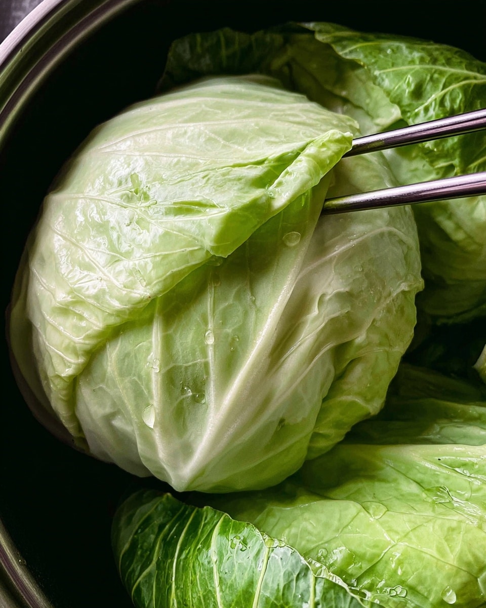 A close-up view shows a large head of pale green cabbage with several wet, glossy outer leaves wrapping it gently, resting inside a dark pot. A pair of metal chopsticks hold one of the top cabbage leaves, lifting it slightly to reveal more tightly packed lighter green leaves beneath. The layers of the cabbage have smooth, veined textures with subtle color changes from light green to almost white near the center. The pot's dark interior contrasts with the soft, fresh look of the cabbage, and small water droplets on the leaves add a fresh, moist appearance. photo taken with an iphone --ar 4:5 --v 7