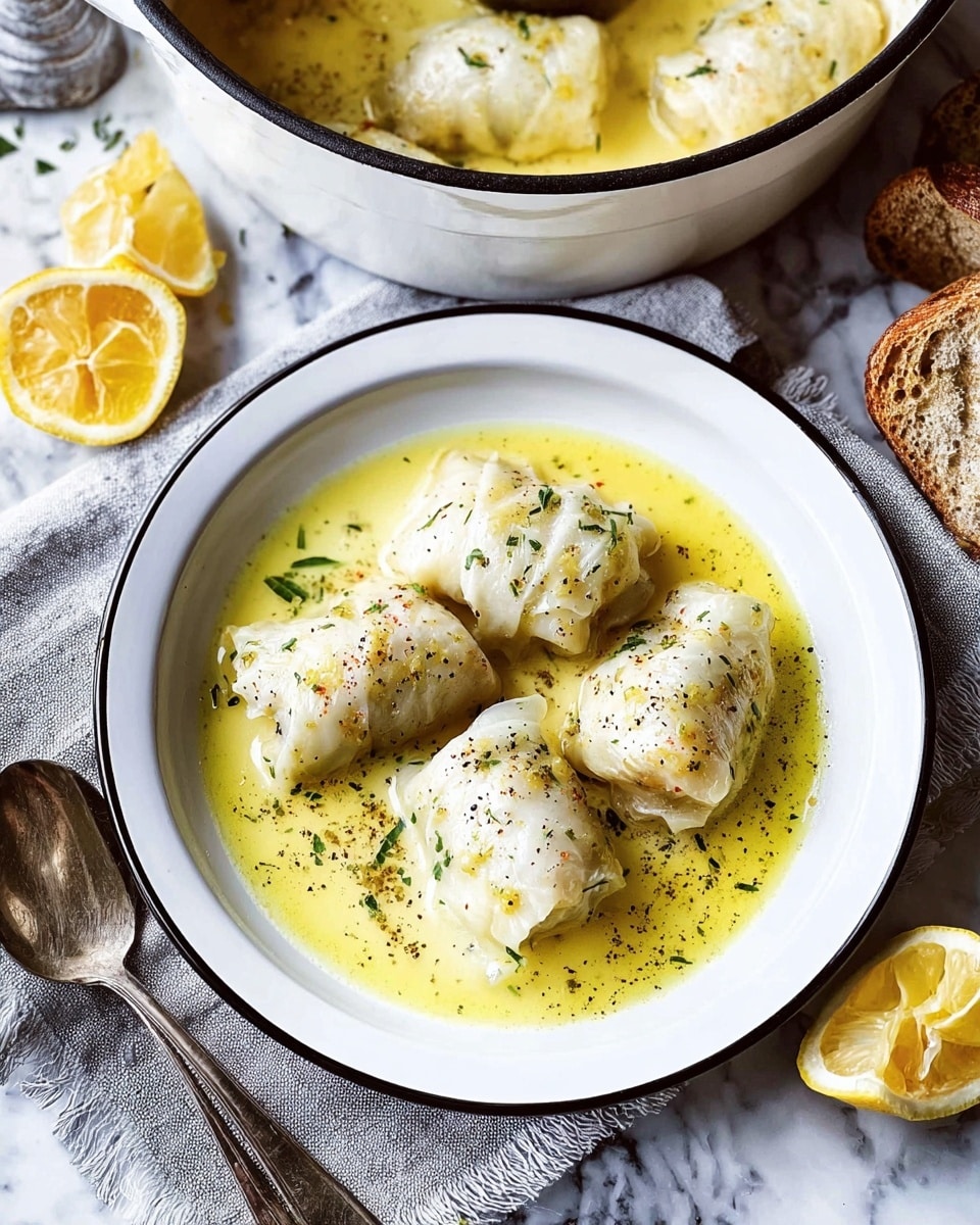 A white bowl with a black rim holds four pieces of light-colored wrapped food, each with a soft, smooth texture, sitting in a creamy yellow sauce sprinkled with small green herb bits and black pepper. The bowl rests on a gray cloth on a white marbled surface. Nearby, a pair of vintage silver spoons lie next to the bowl, and two lemon halves are cut and placed close by. In the upper part of the image, a white pot with a dark rim contains more of the wrapped food pieces submerged in the same yellow sauce. To the right, small pieces of light brown bread are partially visible on the marbled surface. photo taken with an iphone --ar 4:5 --v 7