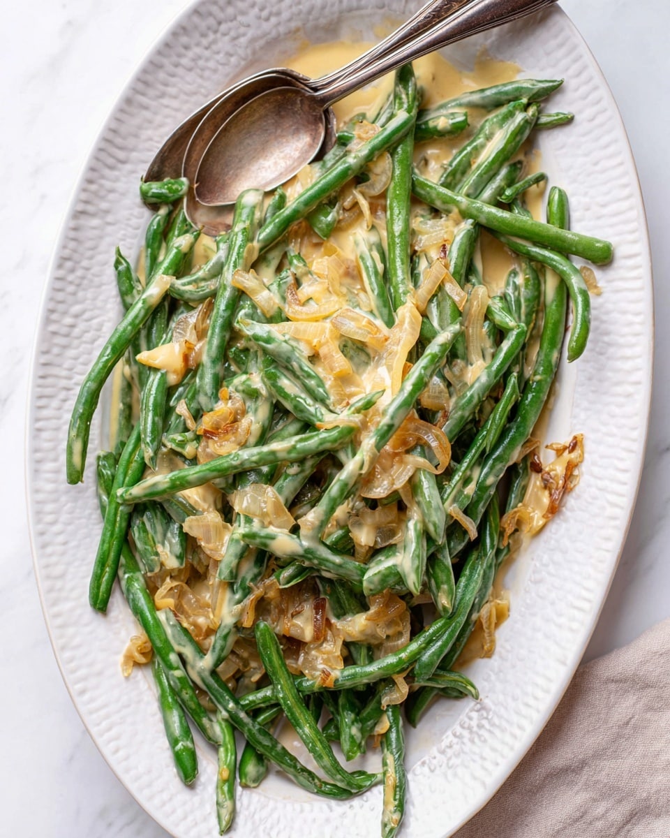 A white textured oval plate holds a serving of green beans mixed with creamy light yellow sauce and small pieces of sautéed onions that have a slight golden brown color. The green beans appear fresh with a shiny surface, lightly coated by the sauce. A couple of vintage silver serving utensils rest on the top side of the plate. The plate sits on a white marbled surface. photo taken with an iphone --ar 4:5 --v 7