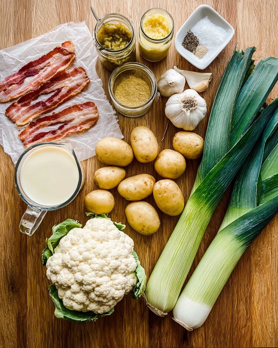 The image shows an overhead view of fresh cooking ingredients neatly placed on a wooden surface with a white marbled texture. There are six small golden potatoes in the center, with a full white cauliflower head below them. On the right side, there are three large green leeks with visible texture and color gradients. To the left of the potatoes, a bunch of fresh chives lies next to a small container of white pepper and a bunch of three garlic cloves. Above the potatoes, there is a glass measuring cup filled with milk. On the top left corner, several raw bacon strips rest on pale parchment paper next to two jars, one with a yellow mustard and the other with grainy mustard. Near the bottom left corner, there is a clear measuring cup filled with a pale yellow liquid. photo taken with an iphone --ar 4:5 --v 7