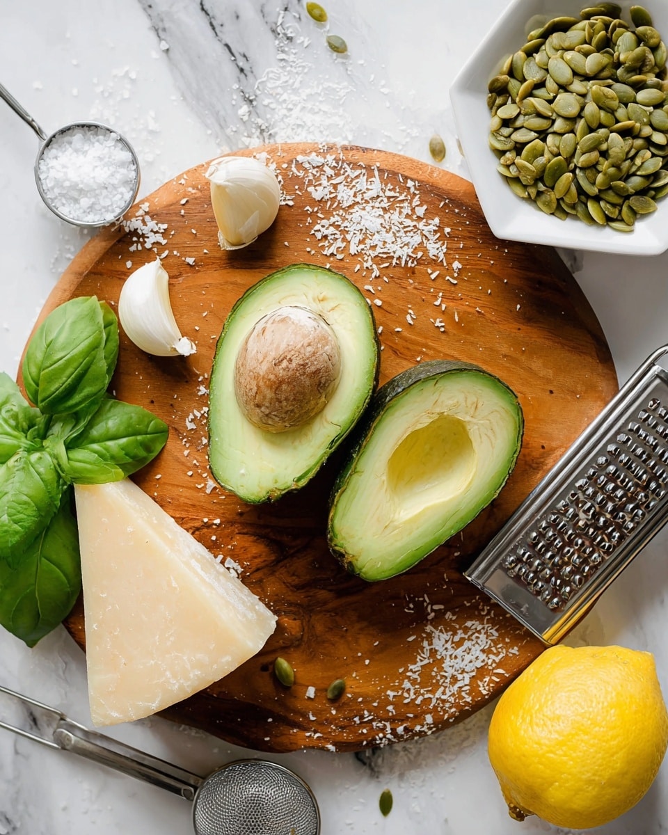 A round wooden board sits on a white marbled surface, holding two avocado halves in the center; one filled with a brown seed and the other hollow. To the left of the avocados, there are two garlic cloves and a metal measuring spoon with white salt. In the bottom left corner, fresh green basil leaves are partly visible. Below the avocados, there is a triangular piece of hard cheese, next to a silver grater with some grated cheese spilled on the board. On the top right, a white hexagonal bowl filled with green pumpkin seeds and a bright green basil sprig rests beside a half lemon with a yellow interior facing the camera. Photo taken with an iphone --ar 4:5 --v 7