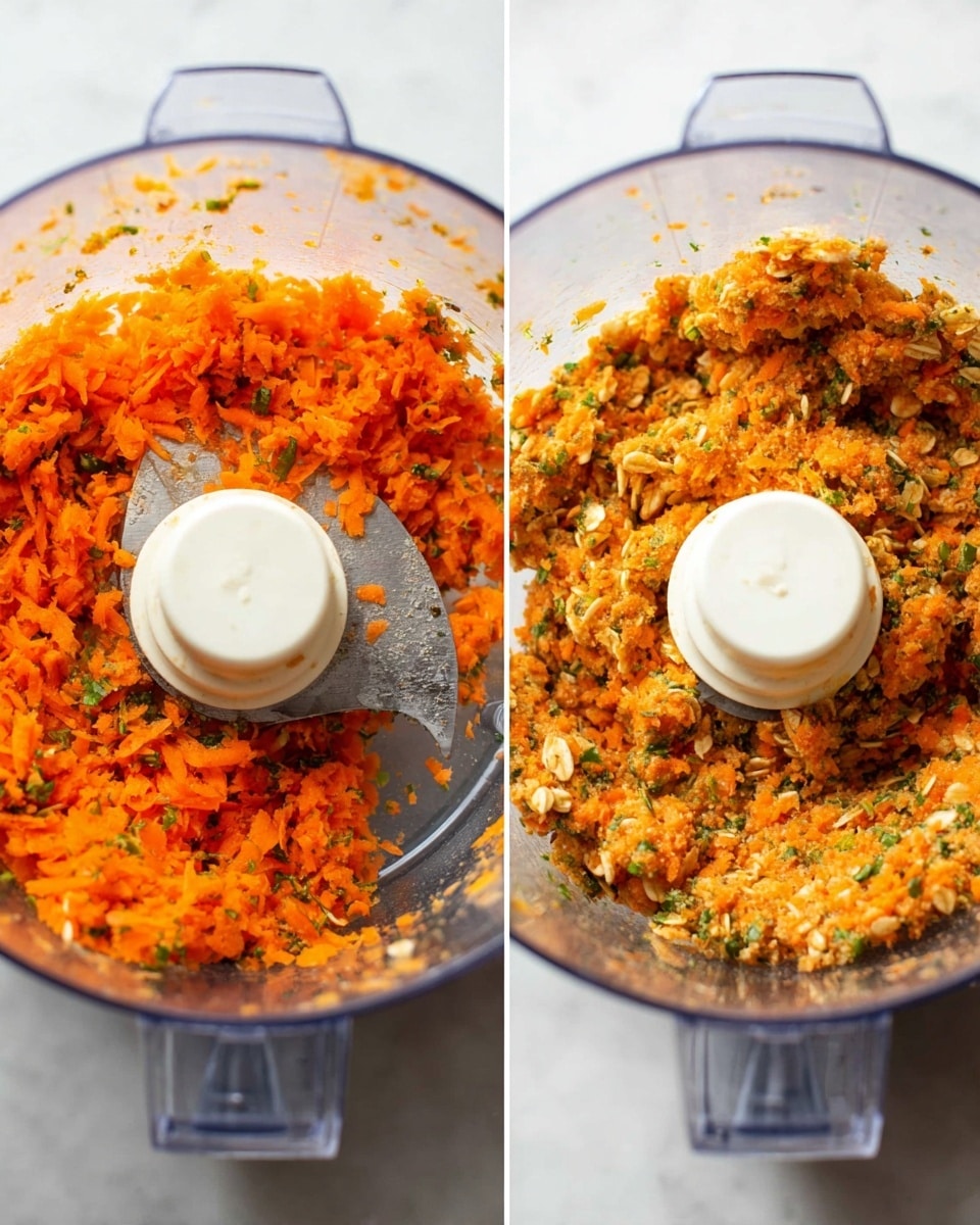 The image shows two clear food processor bowls side by side on a white marbled surface. The left bowl contains a loose mixture of finely chopped bright orange carrots mixed with small bits of green herbs scattered around. The right bowl holds a thicker dough-like mixture made from the orange carrots combined with oatmeal flakes and small green herb pieces, forming a chunky, uneven texture. The metal blade is visible in both bowls, with the off-white plastic center hub in the middle. Photo taken with an iphone --ar 4:5 --v 7