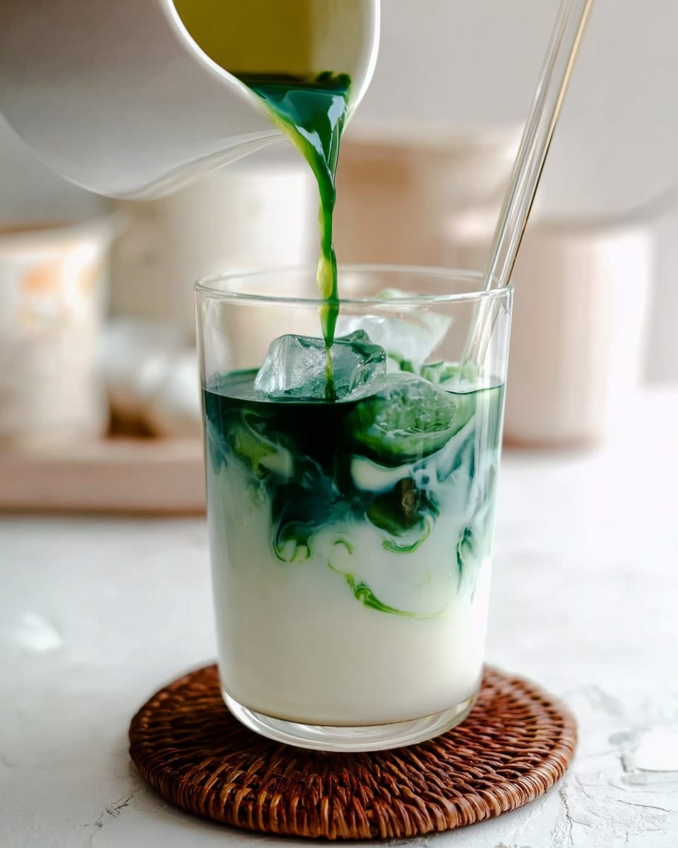 A clear glass filled with cold white milk sits on a round brown woven coaster, with several ice cubes visible inside. A thin glass straw stands inside the glass. A spout of a white ceramic pitcher is pouring dark green liquid in a smooth flow into the milk, creating dark green splashes and swirls floating on the top. The background is a white marbled texture with blurred containers and utensils. The image shows the contrast between the white milk and deep green liquid clearly. photo taken with an iphone --ar 4:5 --v 7