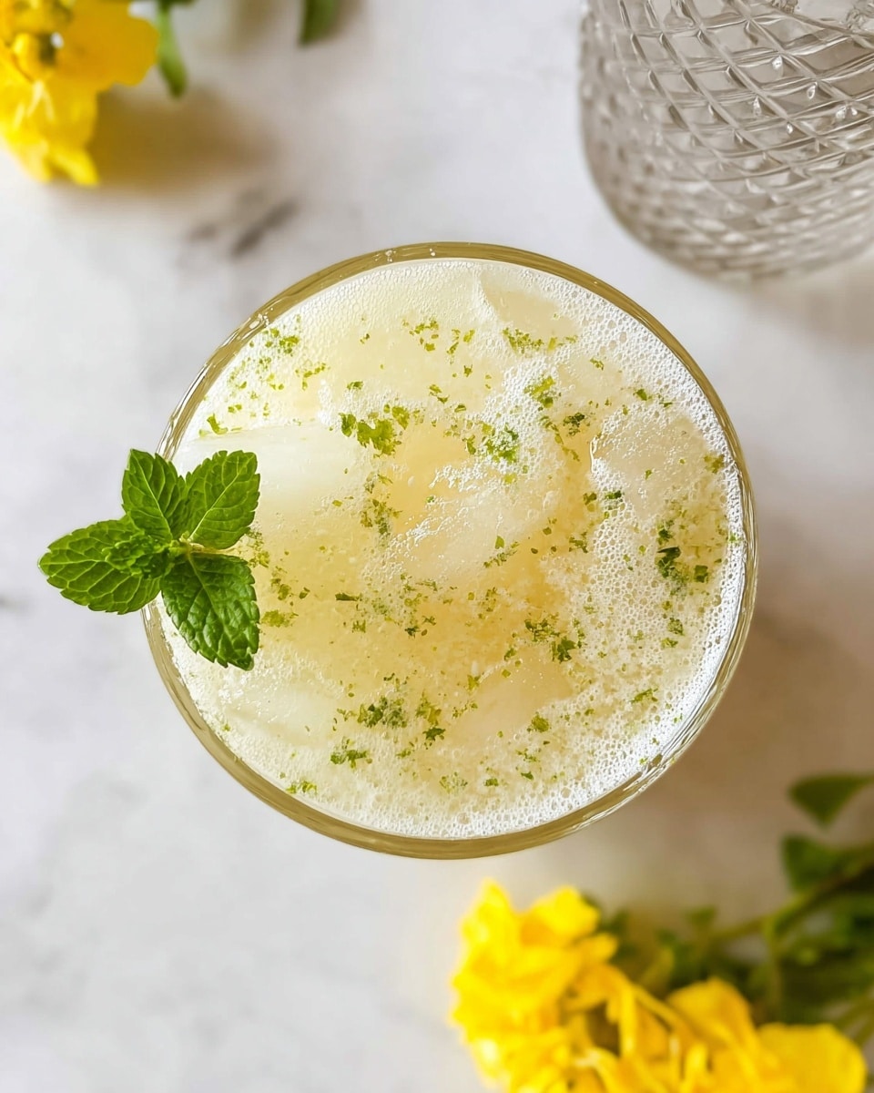 A top view of a light, frothy drink served in a clear glass filled with small ice cubes. The drink is pale yellow with tiny green flecks mixed throughout the liquid, likely from herbs. A small sprig of fresh mint is placed on the left side of the glass, adding a vibrant green color and leafy texture. The glass sits on a white marbled surface, with bright yellow flowers in the lower left corner and part of a textured clear glass container on the upper right edge of the image. photo taken with an iphone --ar 4:5 --v 7