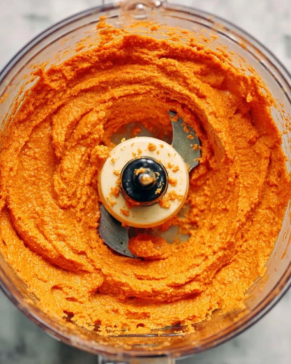 A close-up image of an orange paste inside a clear food processor bowl, with smooth, thick texture displayed evenly around the central blade. The food processor is set on a white marbled surface. photo taken with an iphone --ar 4:5 --v 7