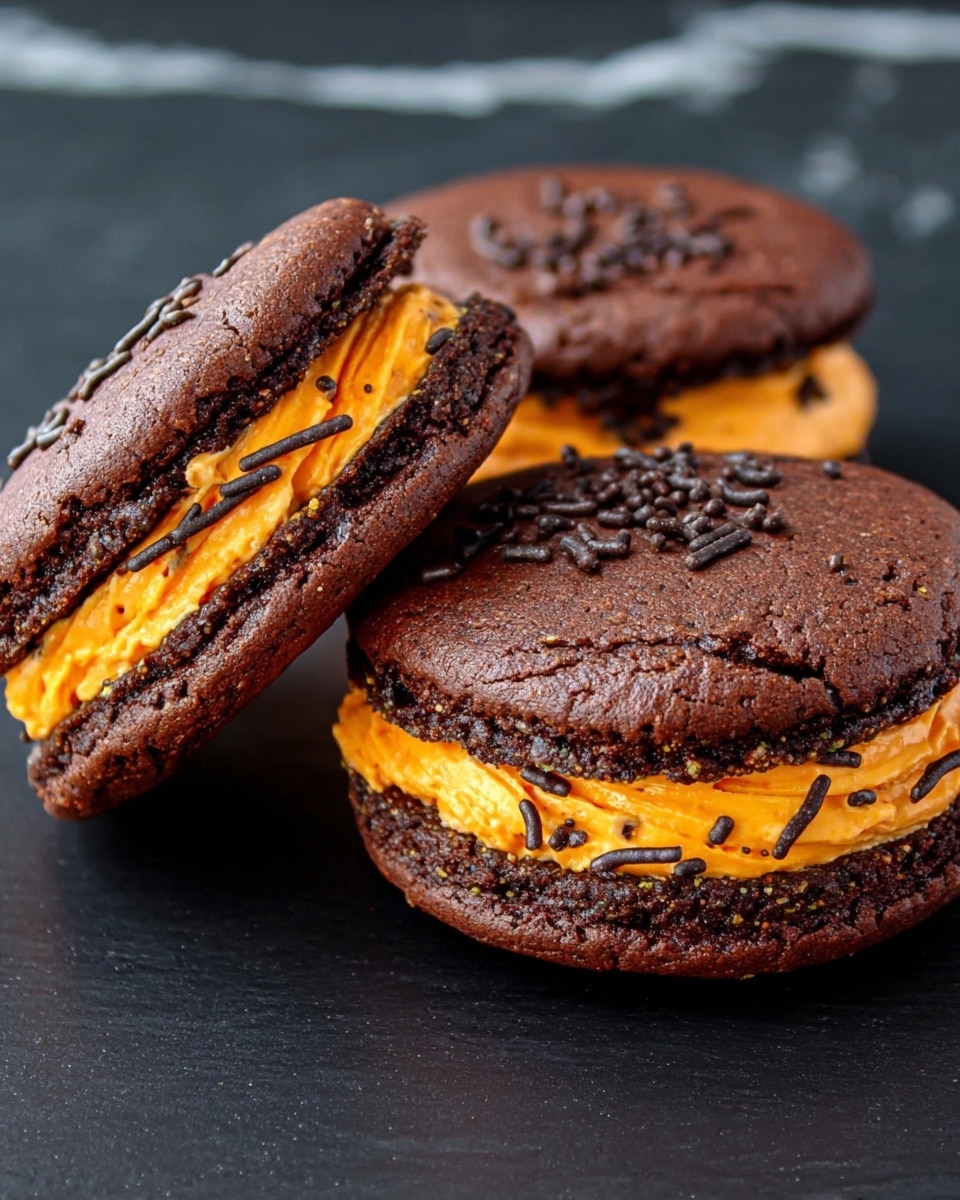 The image shows two chocolate sandwich cookies on a black surface with a white marbled texture in the background. Each cookie has two thick, round dark brown layers with a rough, cracked texture on top. Between the layers is a vibrant orange cream filling, smooth and thick, spread evenly. Small black sprinkles are scattered on the orange filling. The cookies are side by side, close to each other, creating a rich contrast of colors and textures. Photo taken with an iphone --ar 4:5 --v 7