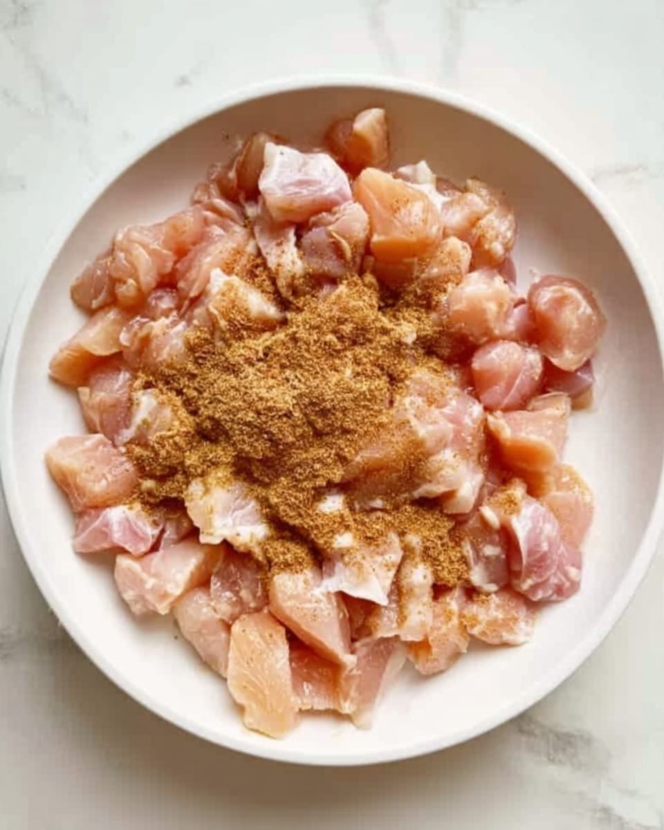 A white round pan filled with small pieces of light pink raw chicken mixed with a light brown spice powder scattered mostly in the center. The chicken pieces have a smooth texture and are irregular in shape, layered evenly within the pan. The background shows a white marbled surface. photo taken with an iphone --ar 4:5 --v 7