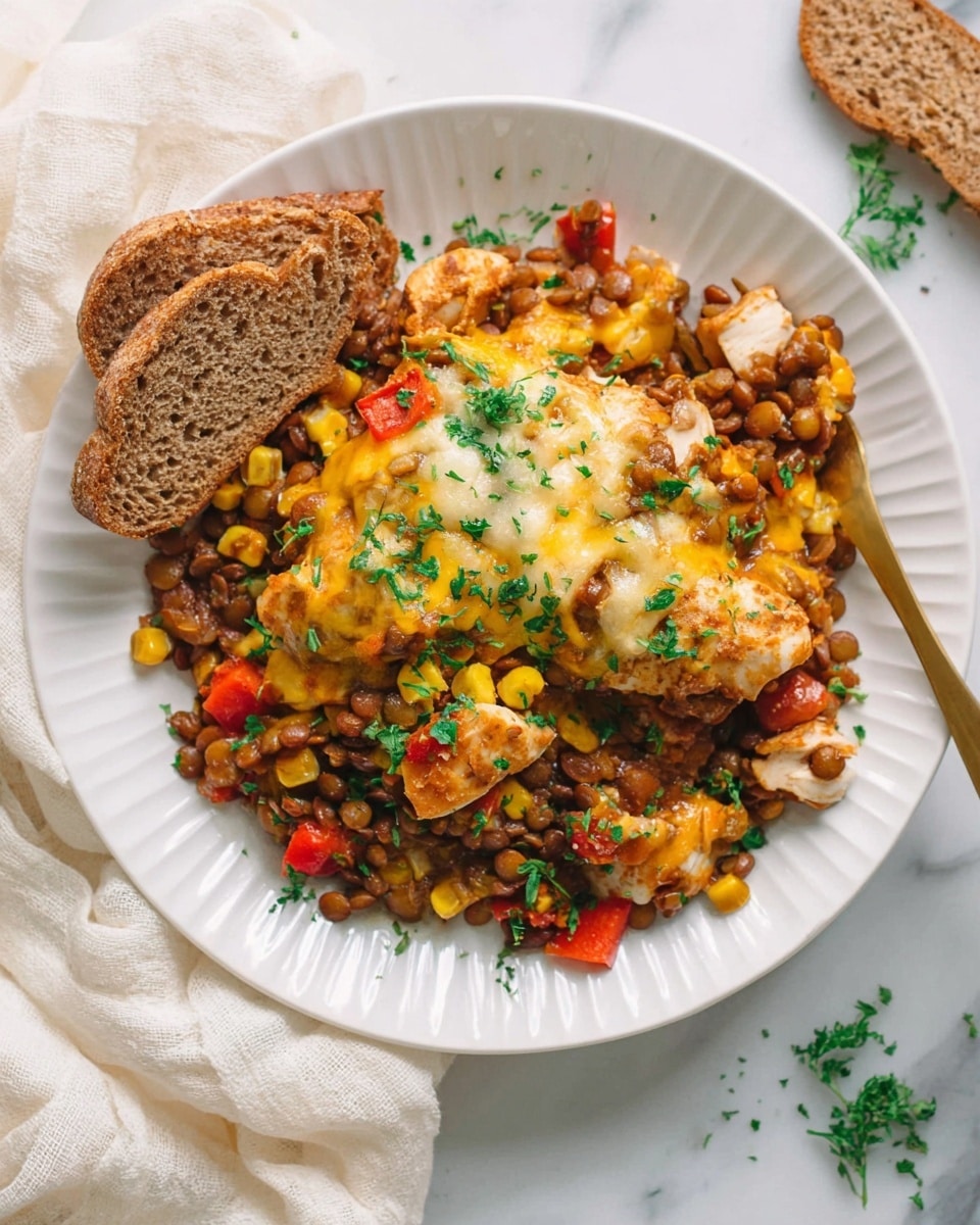 The dish shows a white fluted plate filled with a layered mix of food. The bottom layer has chunks of white chicken pieces. On top of that is a thick layer of cooked lentils mixed with yellow corn kernels and small pieces of red and yellow bell peppers. Melted golden cheese covers part of the top, sprinkled with chopped green herbs. The texture looks soft with some parts slightly crispy from cooking. A gold fork rests at the edge of the plate, and the plate is placed on a white marbled surface with a light cream textured cloth nearby and two slices of whole grain bread partly visible. photo taken with an iphone --ar 4:5 --v 7