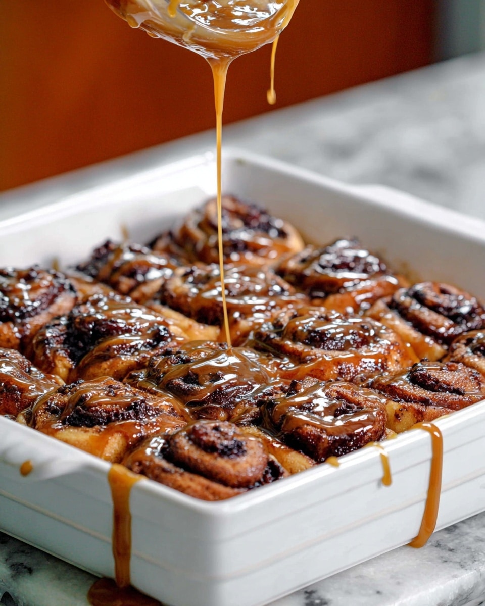 A white square baking pan filled with a dark brown layer of cinnamon rolls that show swirls of black filling, topped unevenly with a shiny light brown caramel or sauce being drizzled from a whisk above, some of the sauce dripping down the sides of the pan, sitting on a white marbled surface with a blurred warm wooden background, photo taken with an iphone --ar 4:5 --v 7