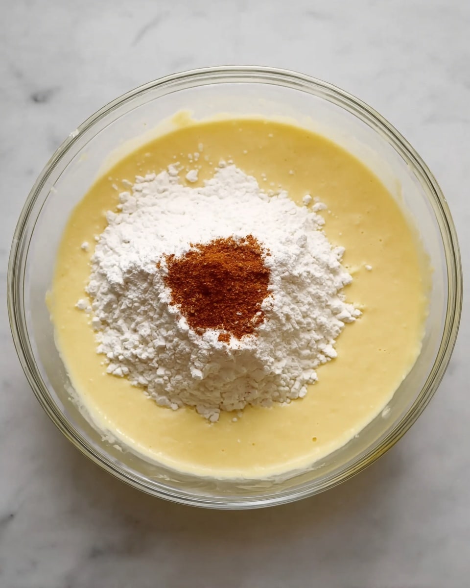 A clear glass bowl sits on a white marbled surface filled with a smooth, pale yellow batter. In the next image, the same bowl now holds the batter as the base layer, topped with a mound of white flour and a small pile of reddish-brown spice in the center, showing the ingredients just before being mixed. The glass bowl is simple and clear, allowing the layers of batter, flour, and spice to be seen clearly from above. Photo taken with an iphone --ar 4:5 --v 7