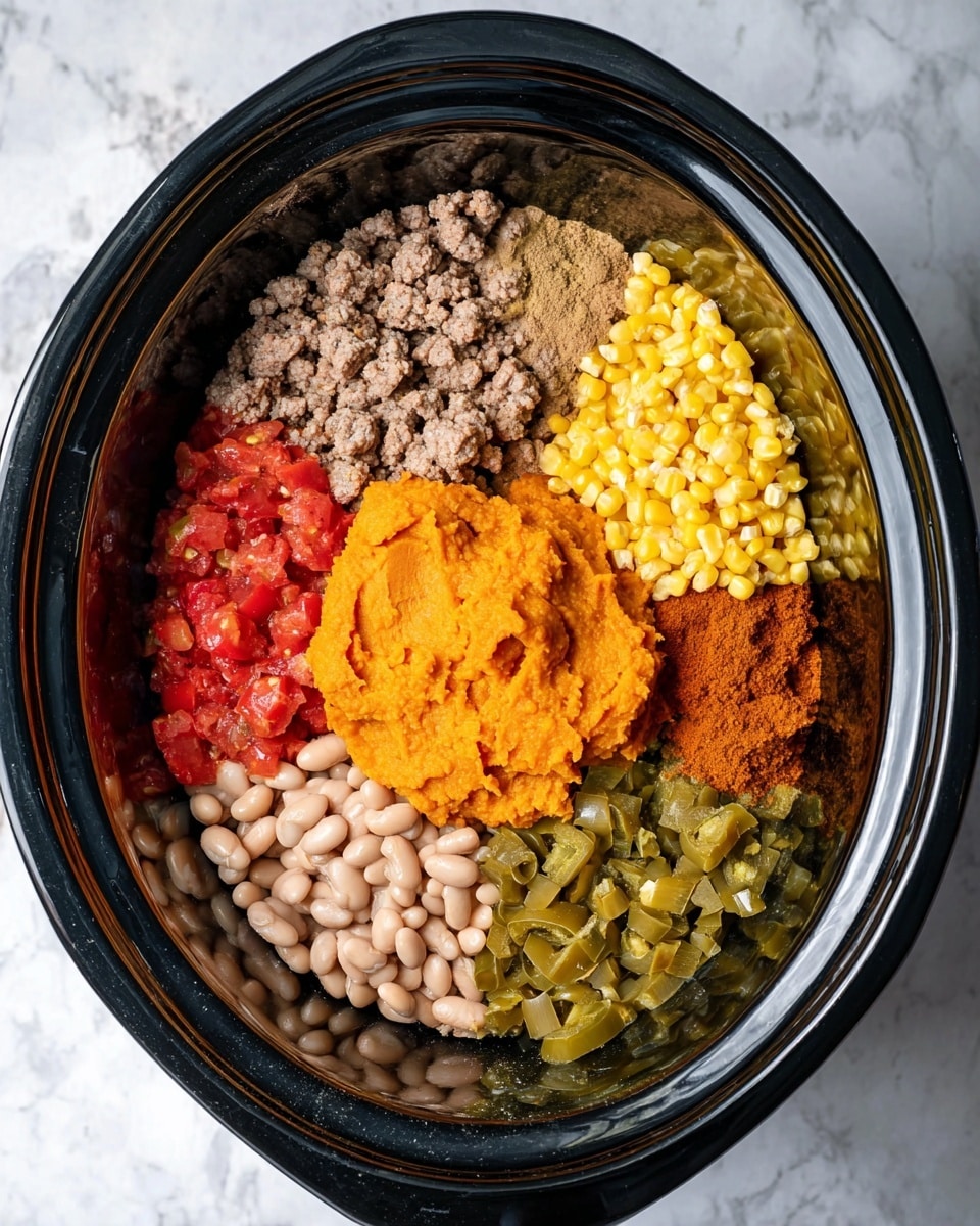 A black slow cooker pot filled with seven distinct layers starting from the top left with cooked ground meat in grayish brown, next to bright yellow corn kernels on the top right, a mix of three spices including light brown, dark red, and black powder in the middle, below the spices red diced tomatoes with some green bits, to the right a heap of chopped green peppers, below the peppers a layer of white beans, and finally on the bottom left a large scoop of smooth orange mashed sweet potatoes. The pot sits on a white marbled surface. photo taken with an iphone --ar 4:5 --v 7