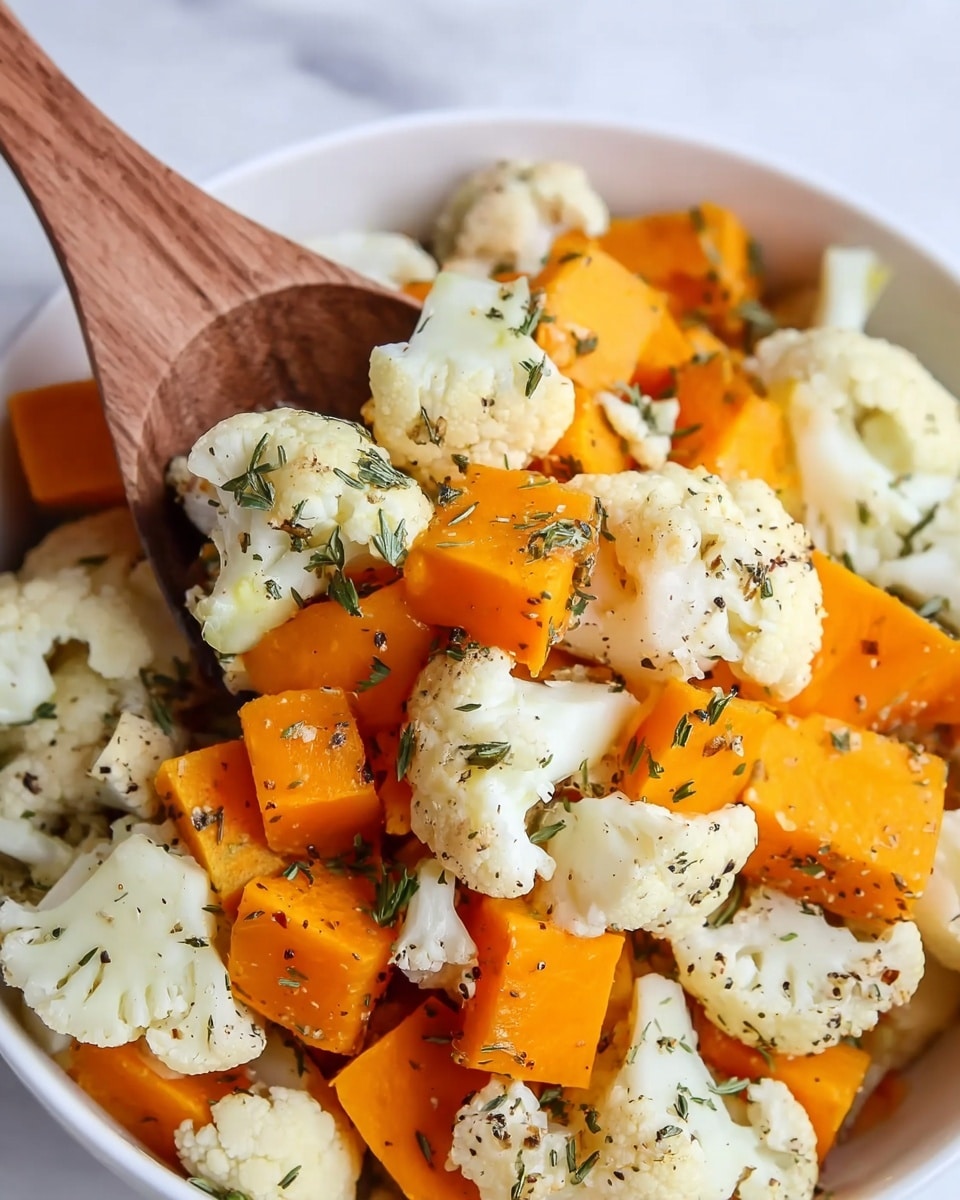 The image shows a close-up of a white bowl filled with a mix of bright orange butternut squash cubes and creamy white cauliflower florets scattered throughout. The vegetables are sprinkled with green herbs and black pepper, adding texture and color contrast. A wooden spoon is gently scooping some of the vegetables, highlighting the fresh, chunky cut of both the squash and cauliflower. The bowl is set on a smooth white marbled surface, creating a clean and bright background. photo taken with an iphone --ar 4:5 --v 7